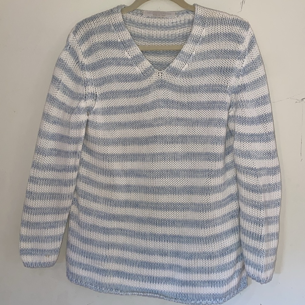 Hubert Gasser pale blue and white stripe chunky cotton v-neck sweater Sz M